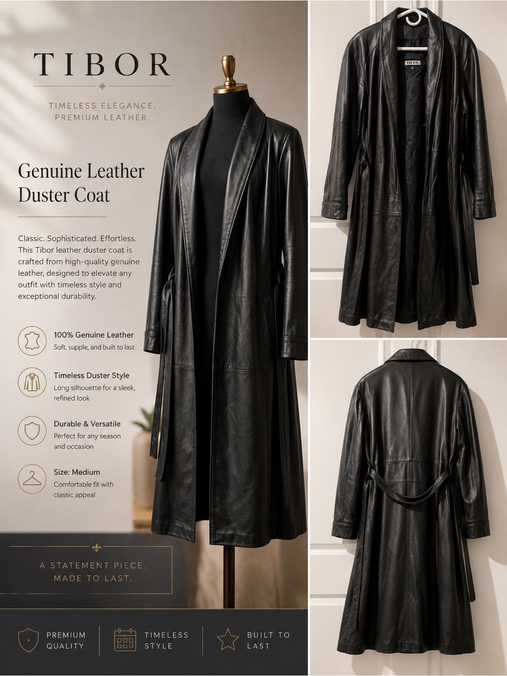 Genuine Leather Black Duster Coat